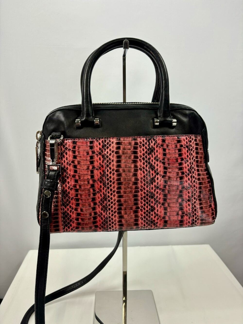 Milly Crossbody Bag Black Pink Coral Reptile Snakeprint Top Handles Pockets